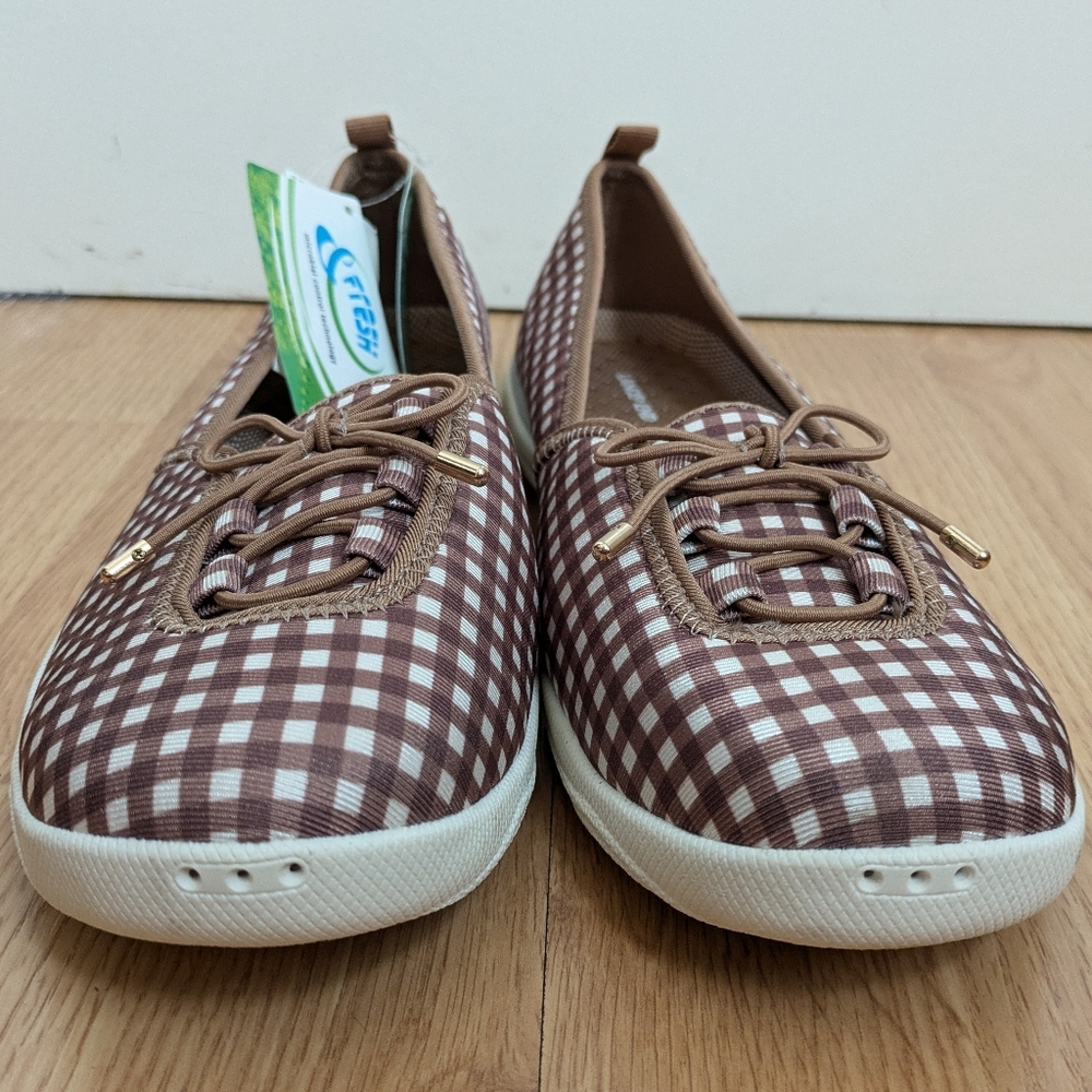 🆕 Land's End Women's Checkered Tan Brown White Flats Shoes Size 10 - Picture 3 of 16